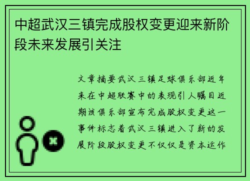 中超武汉三镇完成股权变更迎来新阶段未来发展引关注